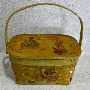 Vtg Woven Basket Purse Decoupage Bunny Rabbits + Childs Easter **READ**